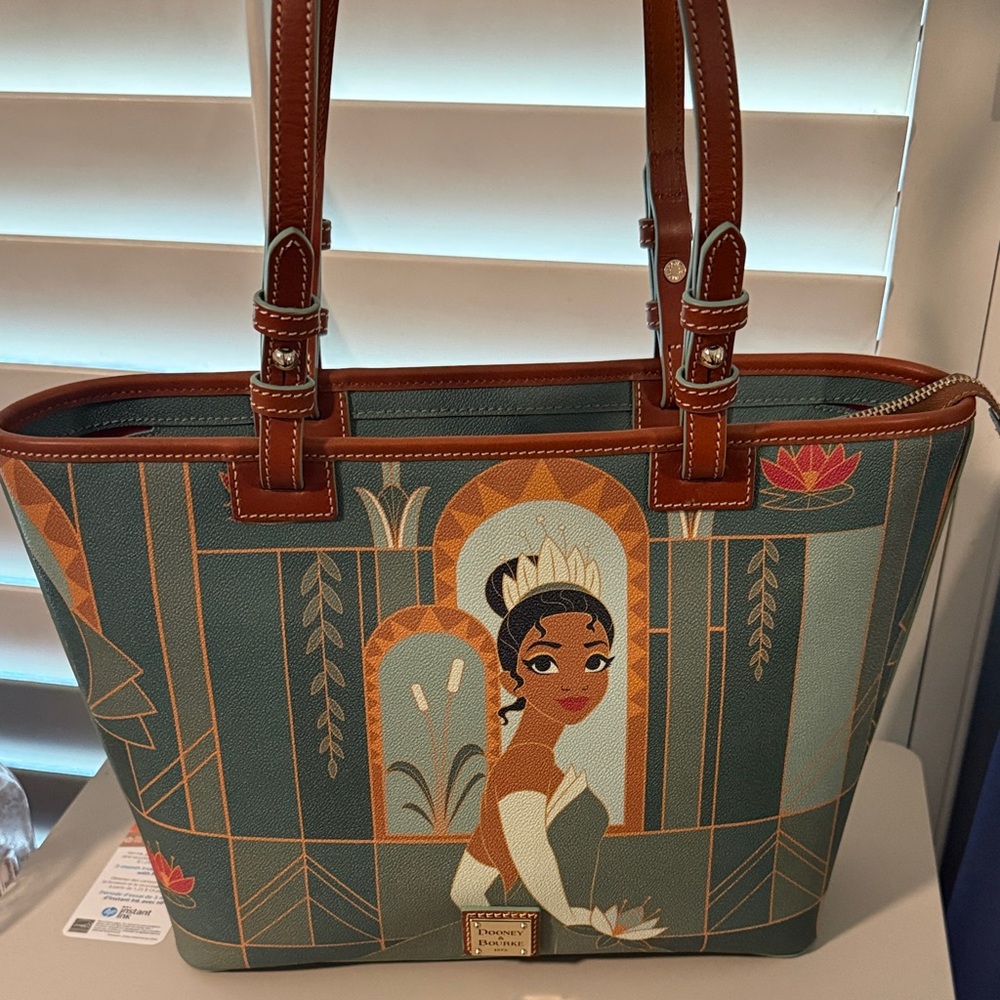 Dooney & Bourke Green Floral Tiana Tote with Brown Trim